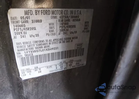 2001 Ford F-150 Harley-Davidson Edition/King Ranch Edition/Lariat/Xlt z USA, uszkodzony, nr VIN 1FTRW07L01KB49231